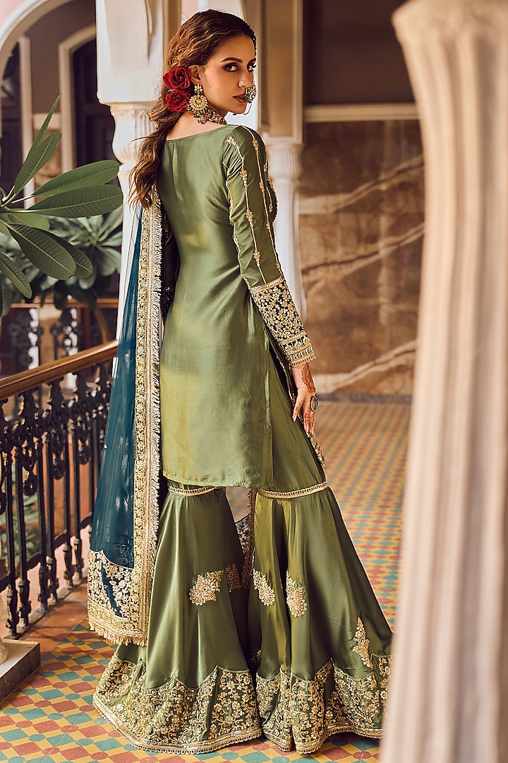 Green Satin Embroidered Gharara Set by Lashkaraa at Pernia's Pop Up Shop