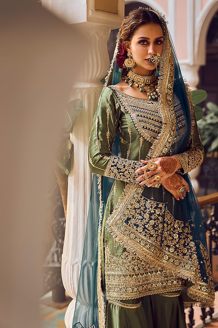 Green Satin Embroidered Gharara Set by Lashkaraa at Pernia's Pop Up Shop