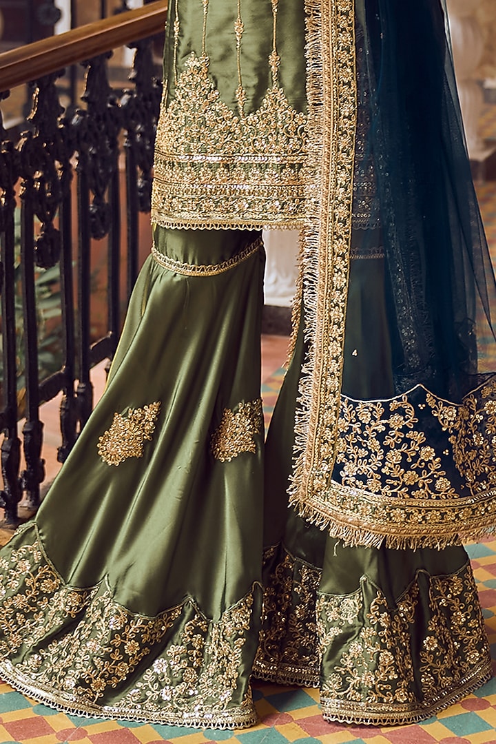 Green Satin Embroidered Gharara Set by Lashkaraa at Pernia's Pop Up Shop
