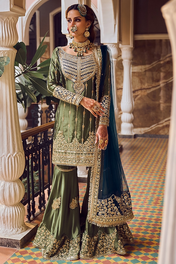 green emerald velvet dress Dress of Gharara for Mehndi
