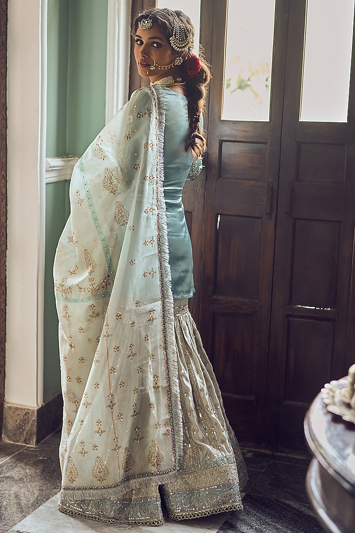 Dusty Blue & Grey Satin Embroidered Gharara Set by Lashkaraa at Pernia's Pop Up Shop