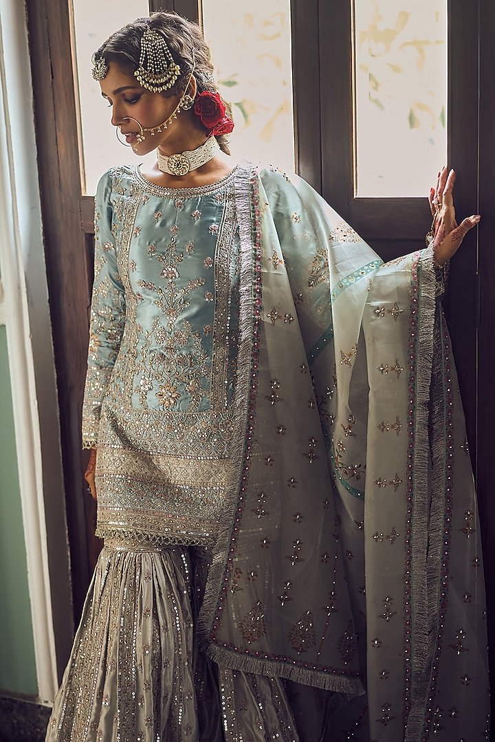 Dusty Blue & Grey Satin Embroidered Gharara Set by Lashkaraa at Pernia's Pop Up Shop