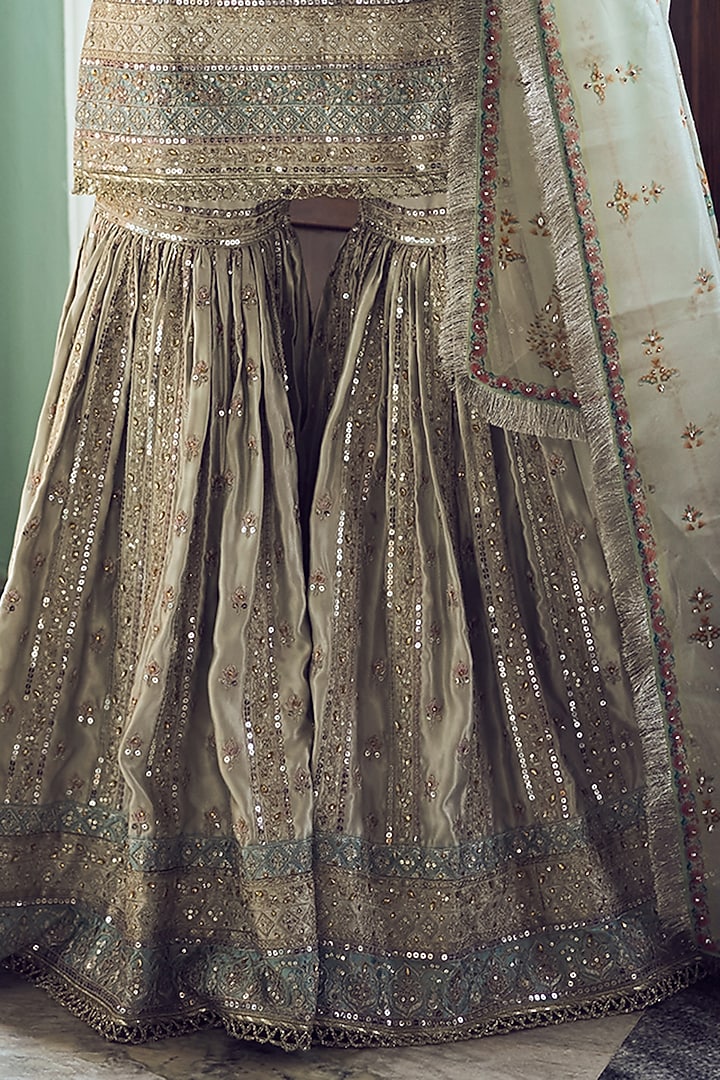Dusty Blue & Grey Satin Embroidered Gharara Set by Lashkaraa at Pernia's Pop Up Shop