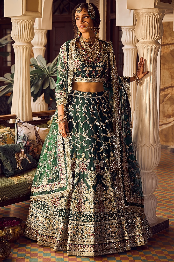 Bottle Green Net Embroidered Lehenga Set by Lashkaraa at Pernia's Pop Up Shop