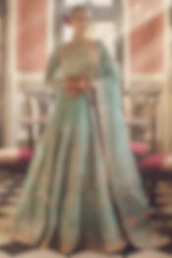 Dusty Mint Silk Embroidered Lehenga Set by Lashkaraa at Pernia's Pop Up Shop