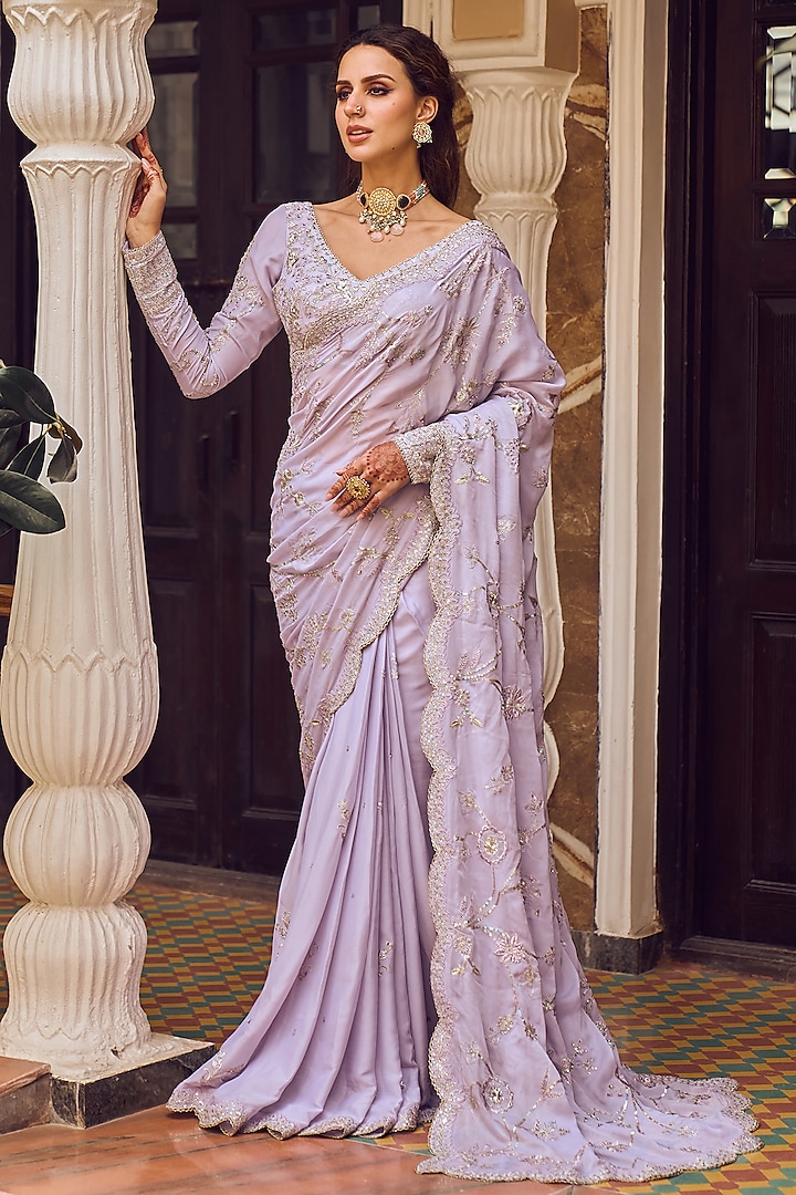 Lavender Georgette Embroidered Prestitched Saree Set by Lashkaraa