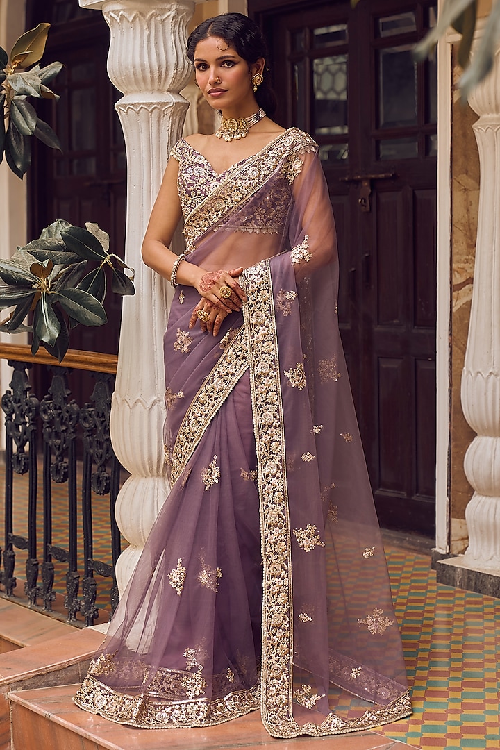 Dusty Purple Net Embroidered Prestitched Saree Set by Lashkaraa