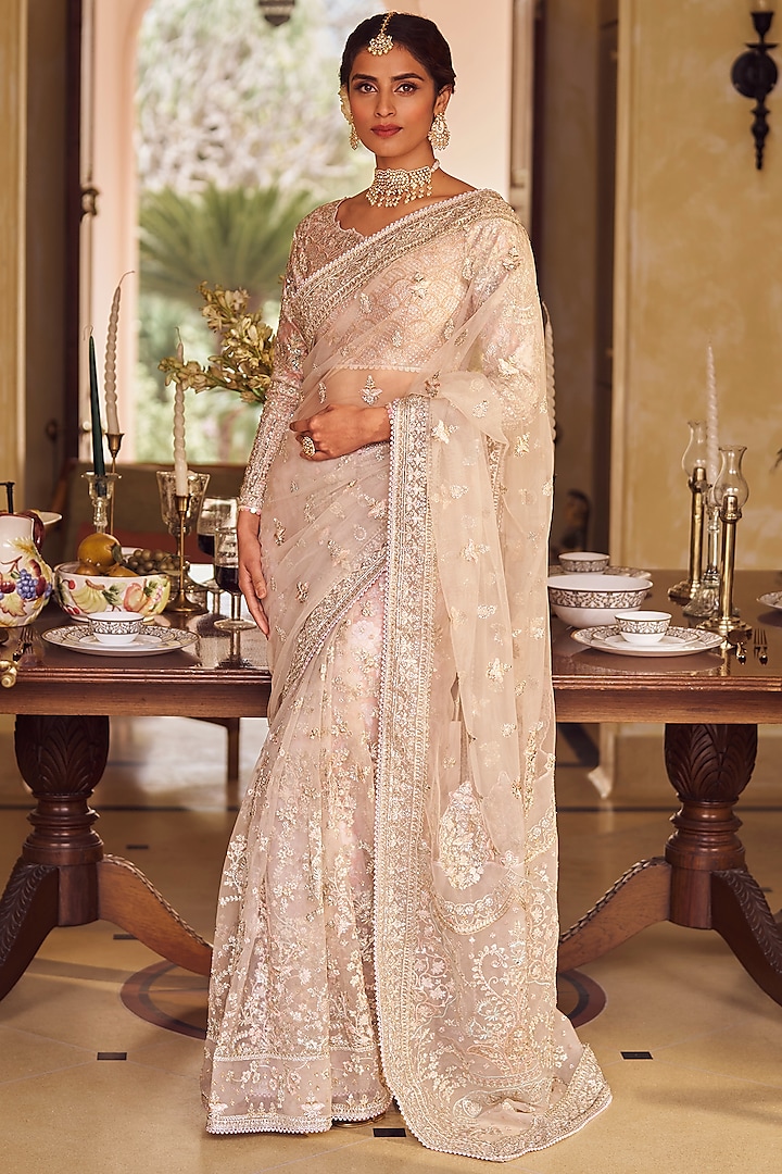 Blush Net Sequins Embroidered Saree Set by Lashkaraa