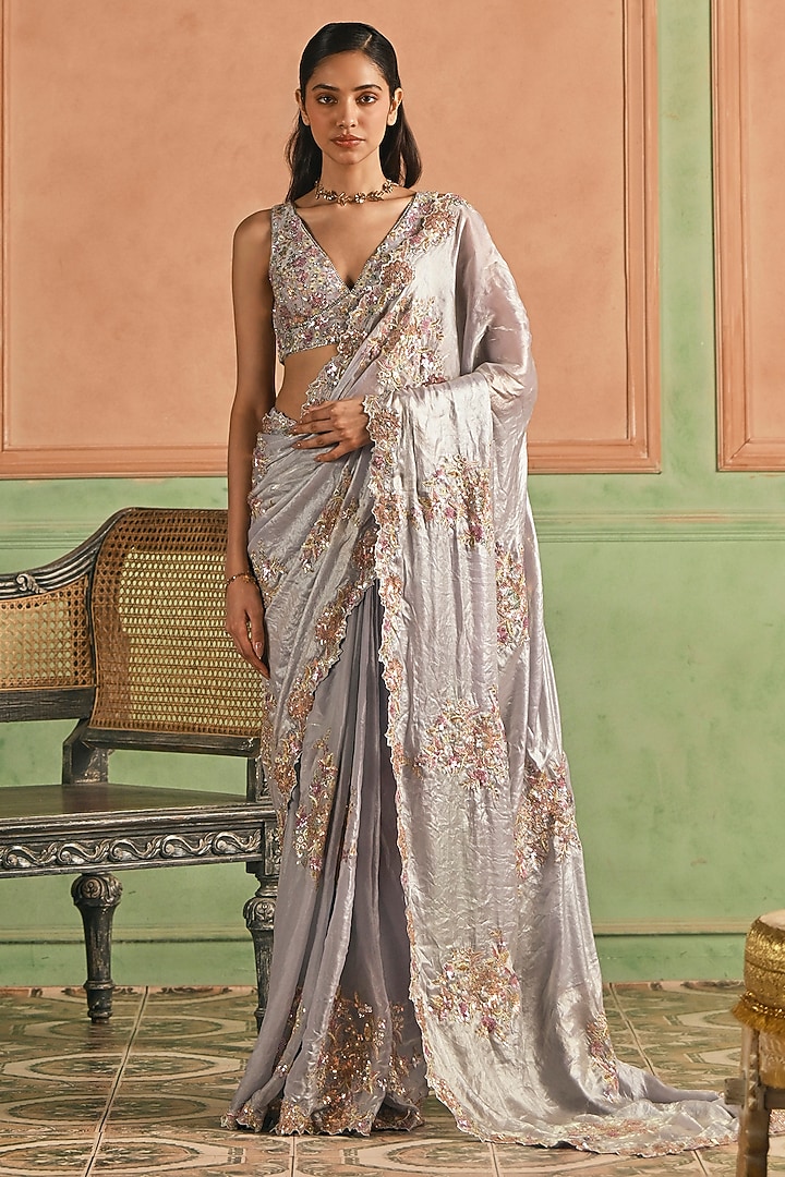 Grey Tissue Silk Sequins & Zari Embroidered Party Wear Saree Set by Lashkaraa at Pernia's Pop Up Shop