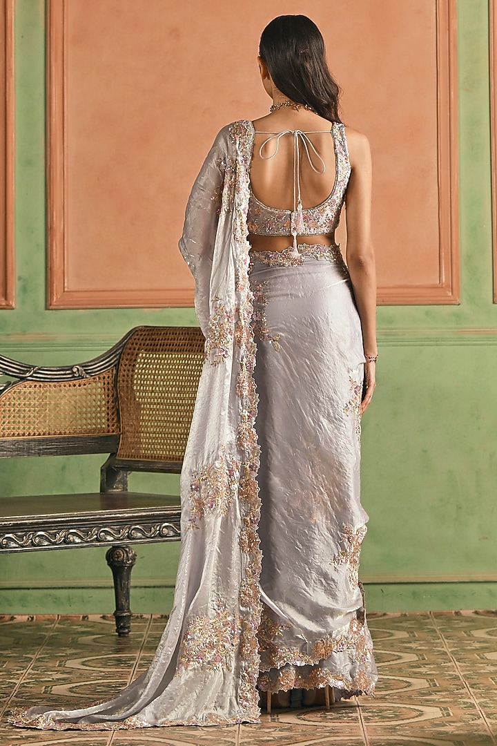 Grey Tissue Silk Sequins & Zari Embroidered Pre-Stitched Party Wear Saree Set by Lashkaraa at Pernia's Pop Up Shop