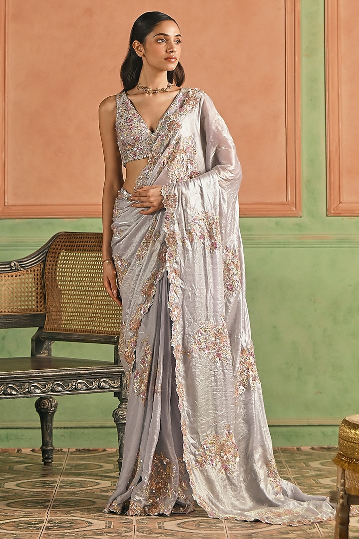 Grey Tissue Silk Sequins & Zari Embroidered Pre-Stitched Party Wear Saree Set by Lashkaraa at Pernia's Pop Up Shop