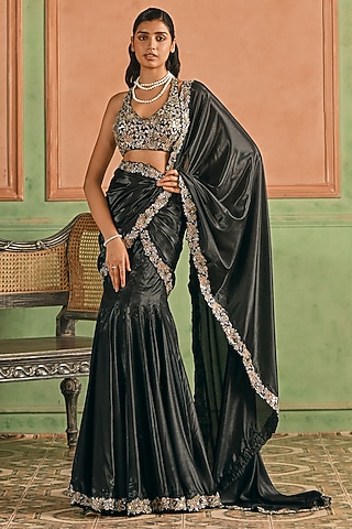 Black Silk Sequins & Zari Embroidered Pre-Stitched Saree Set by Lashkaraa