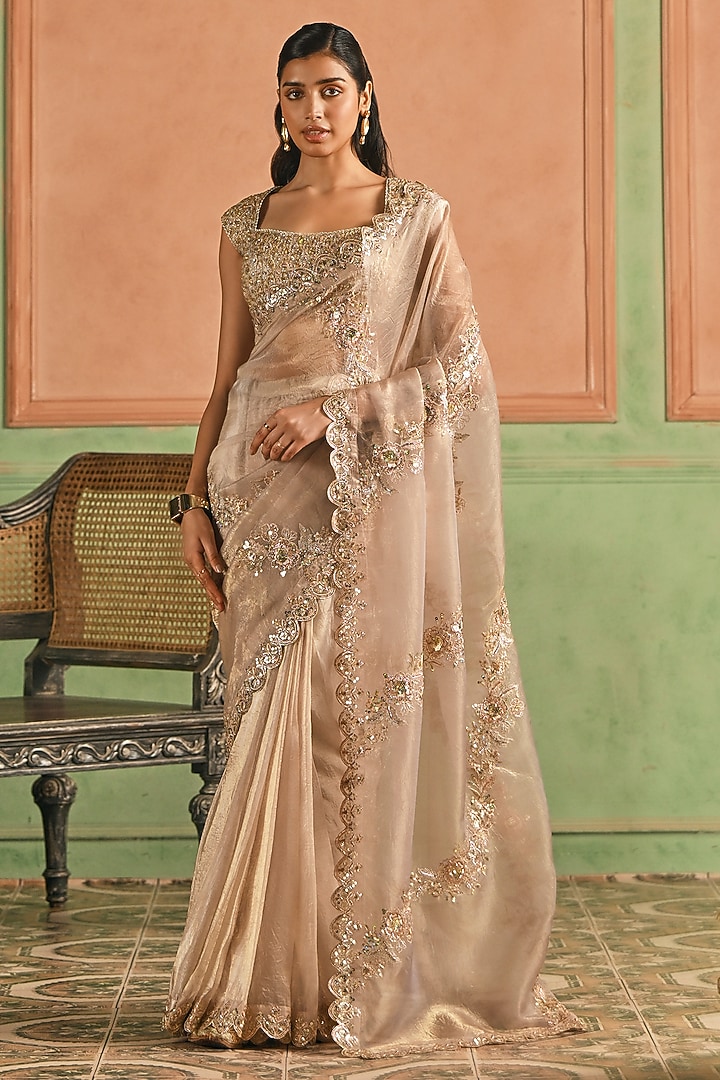 Nude Silk Zari Embellished Party Wear Saree Set by Lashkaraa at Pernia's Pop Up Shop
