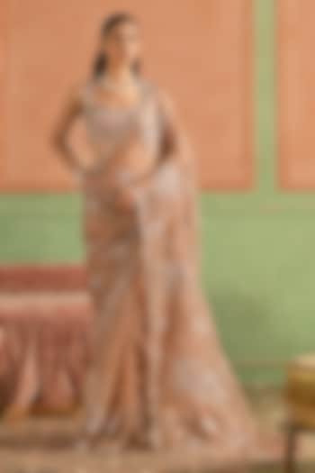 Rose Gold Organza Applique Embellished Party Wear Saree Set by Lashkaraa at Pernia's Pop Up Shop