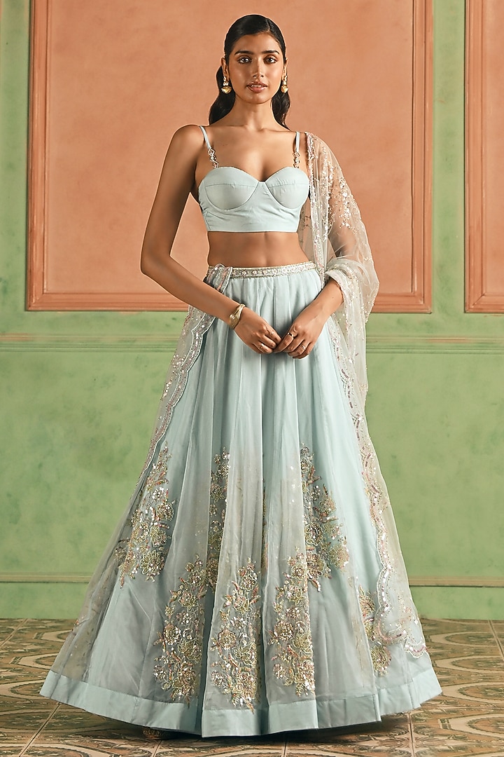 Light Blue Organza Zari Embellished Lehenga Set by Lashkaraa at Pernia's Pop Up Shop
