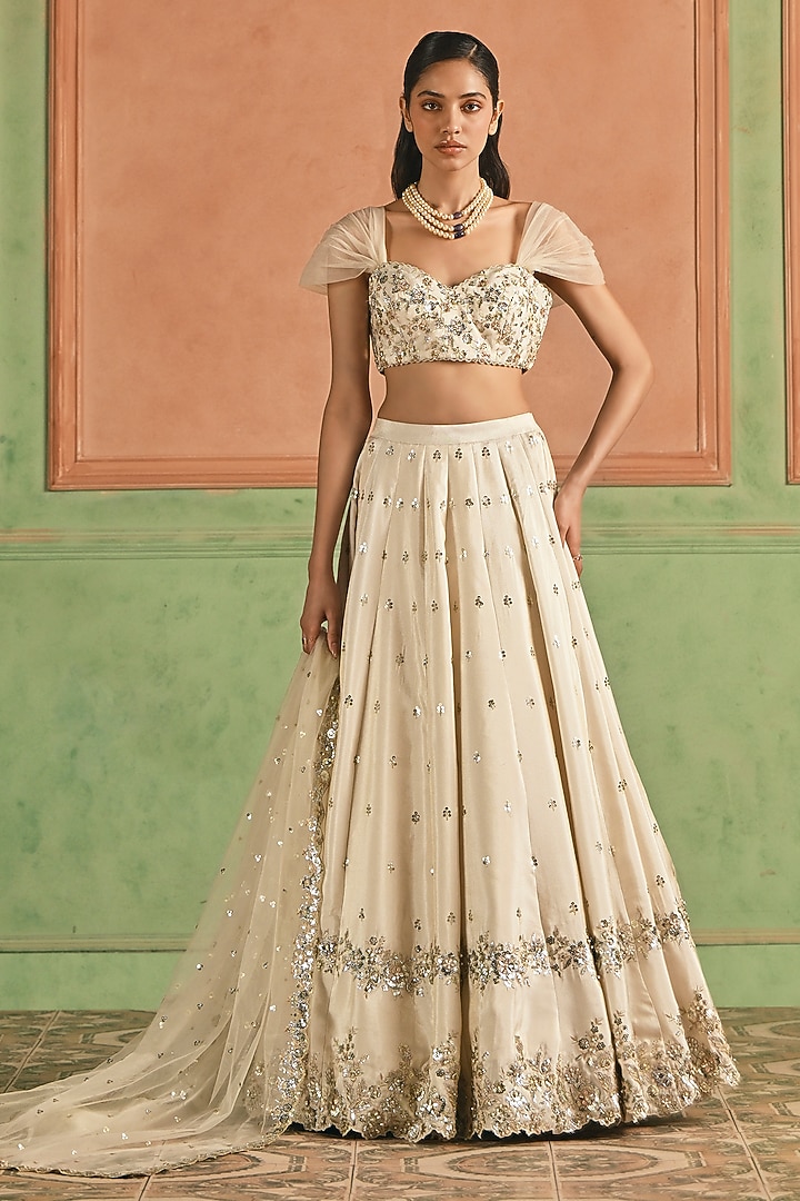 Cream Viscose Tissue Sequins Embellished Lehenga Set by Lashkaraa at Pernia's Pop Up Shop