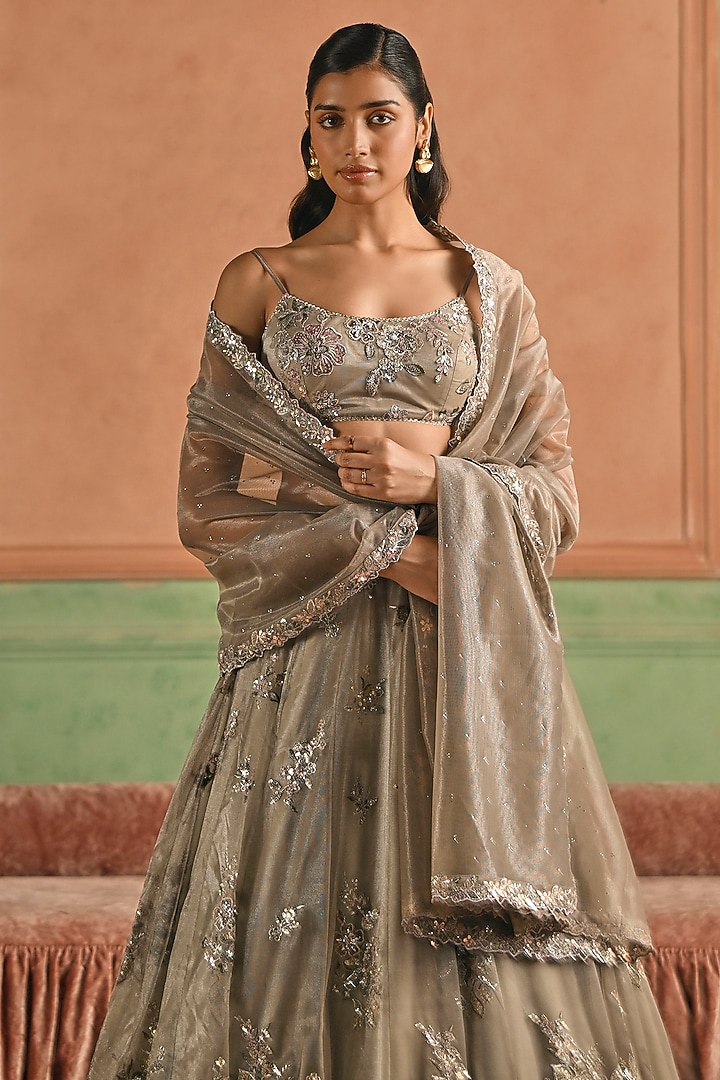 Dusty Grey Net Zari Embroidered Lehenga Set by Lashkaraa at Pernia's Pop Up Shop