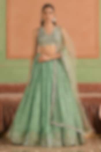 Green Tissue Sequins Hand Embroidered Lehenga Set by Lashkaraa at Pernia's Pop Up Shop
