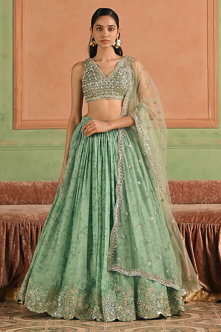 Green Tissue Sequins Hand Embroidered Lehenga Set by Lashkaraa at Pernia's Pop Up Shop