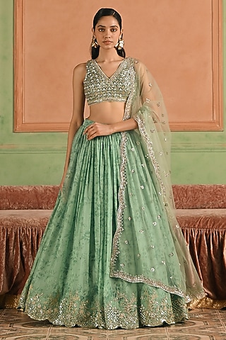 Green Tissue Sequins Hand Embroidered Lehenga Set by Lashkaraa