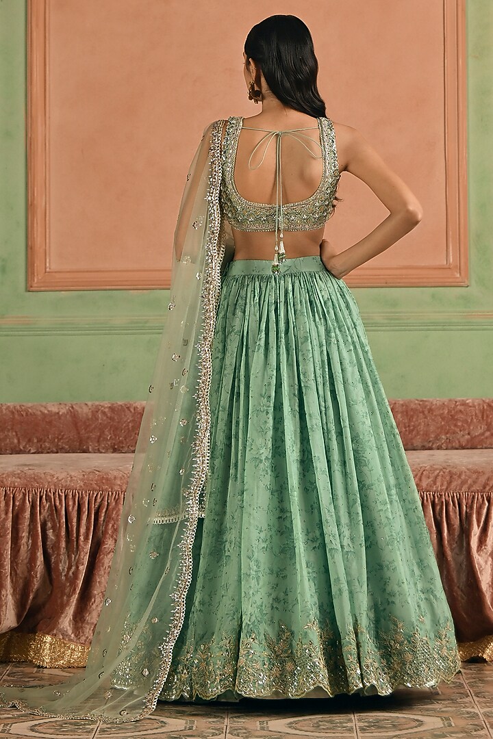 Green Tissue Sequins Hand Embroidered Lehenga Set by Lashkaraa at Pernia's Pop Up Shop