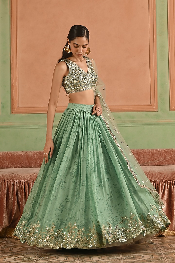 Green Tissue Sequins Hand Embroidered Lehenga Set by Lashkaraa at Pernia's Pop Up Shop