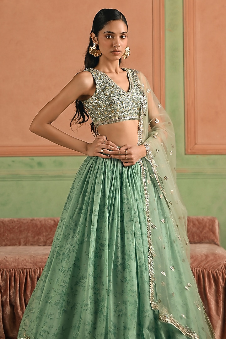 Green Tissue Sequins Hand Embroidered Lehenga Set by Lashkaraa at Pernia's Pop Up Shop