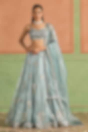 Mint Blue Net Zari Hand Embroidered Lehenga Set by Lashkaraa at Pernia's Pop Up Shop