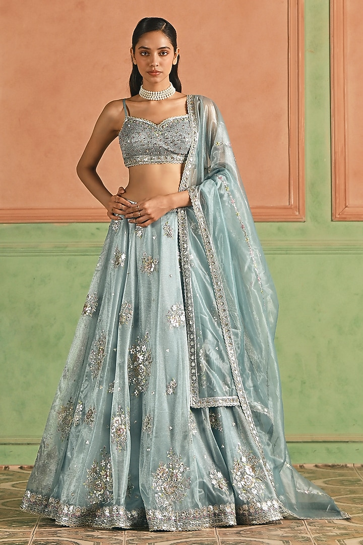Mint Blue Net Zari Hand Embroidered Lehenga Set by Lashkaraa at Pernia's Pop Up Shop