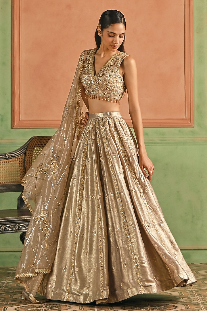 Gold Foil Silk Zari Hand Embellished Lehenga Set by Lashkaraa at Pernia's Pop Up Shop