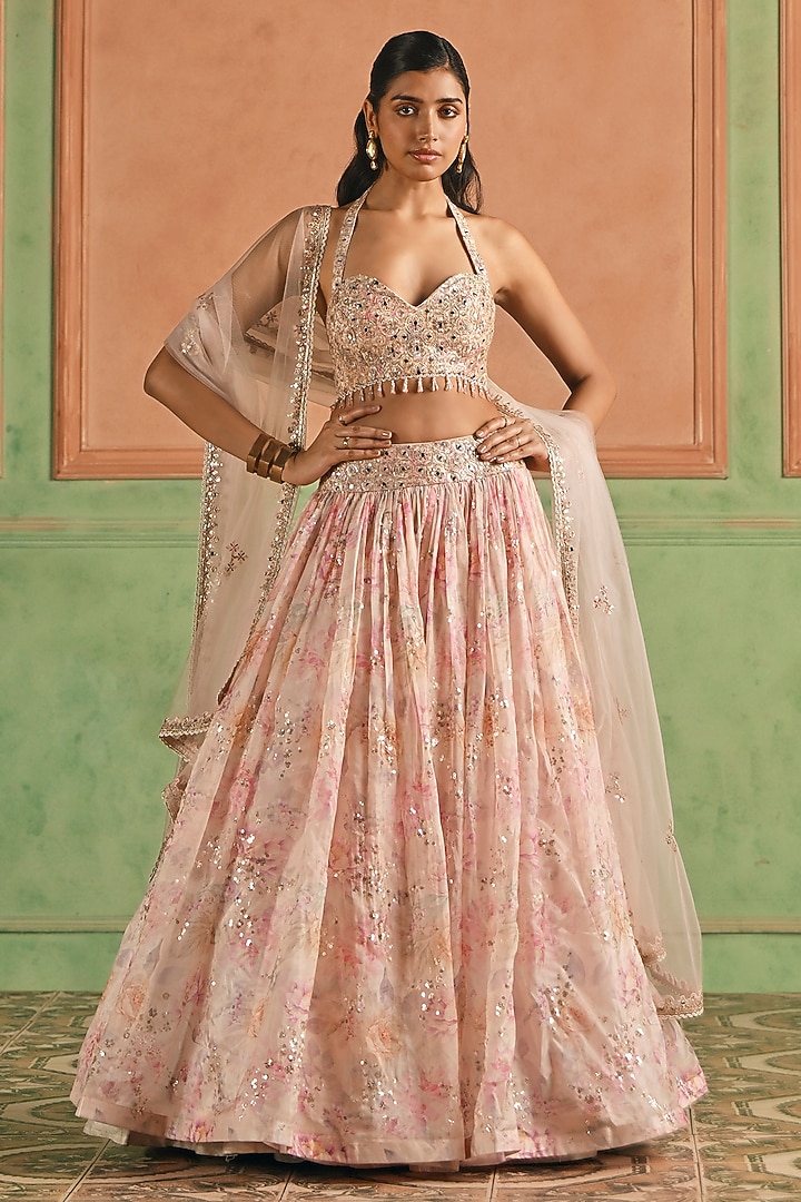 Pink Tissue Sequins & Thread Embroidered Lehenga Set by Lashkaraa at Pernia's Pop Up Shop