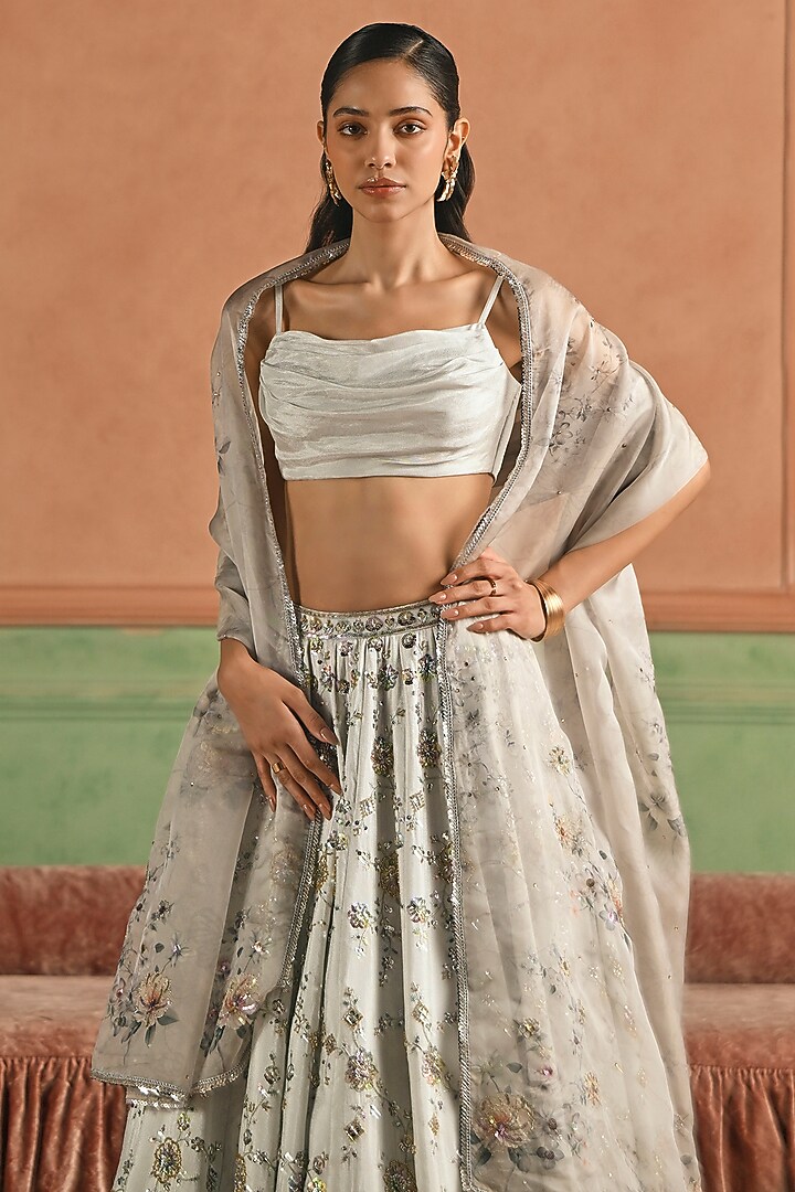 Grey Tissue Beaded Embellished Lehenga Set by Lashkaraa at Pernia's Pop Up Shop