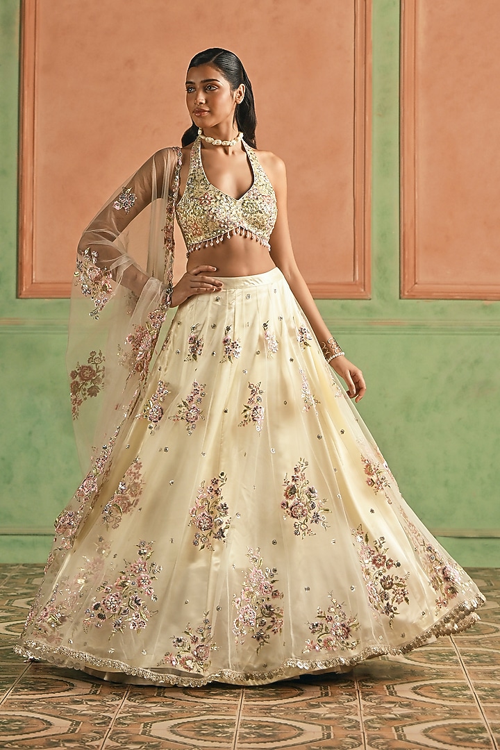 Ivory Net Zari & Sequins Embellished Lehenga Set by Lashkaraa at Pernia's Pop Up Shop