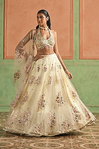 Ivory Net Zari & Sequins Embellished Lehenga Set by Lashkaraa