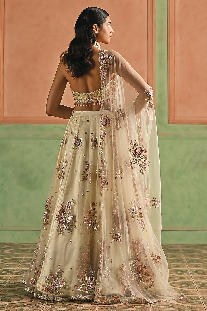 Ivory Net Zari & Sequins Embellished Lehenga Set by Lashkaraa at Pernia's Pop Up Shop