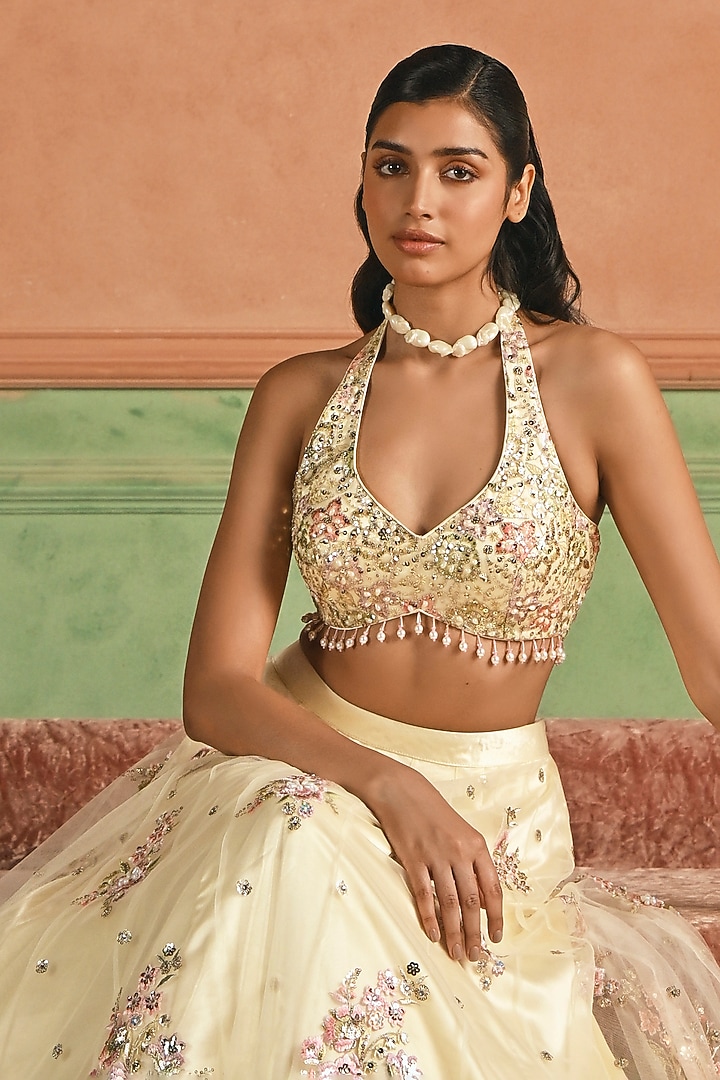 Ivory Net Zari & Sequins Embellished Lehenga Set by Lashkaraa at Pernia's Pop Up Shop