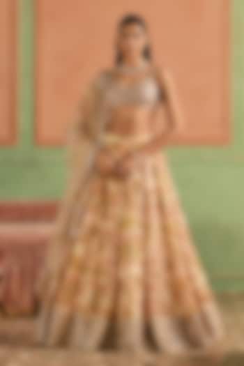 Cream Net Floral Printed Lehenga Set by Lashkaraa at Pernia's Pop Up Shop