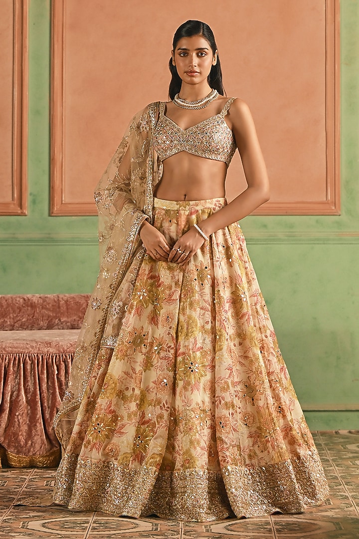 Cream Net Floral Printed Lehenga Set by Lashkaraa at Pernia's Pop Up Shop