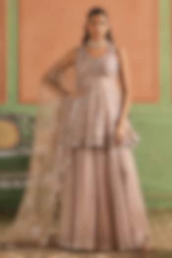 Dusty Rose Pink Organza Embellished Sharara Set by Lashkaraa at Pernia's Pop Up Shop