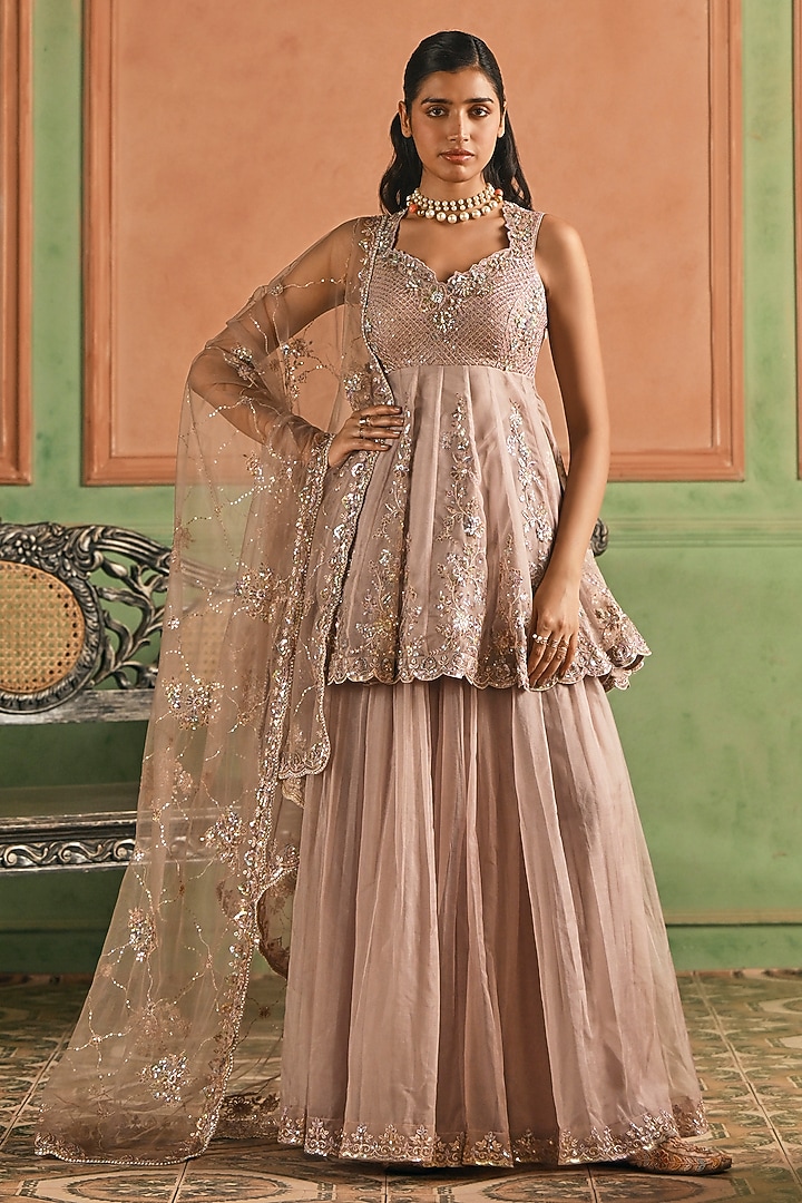 Dusty Rose Pink Organza Embellished Sharara Set by Lashkaraa at Pernia's Pop Up Shop