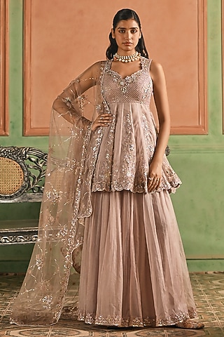 Dusty Rose Pink Organza Embellished Sharara Set by Lashkaraa