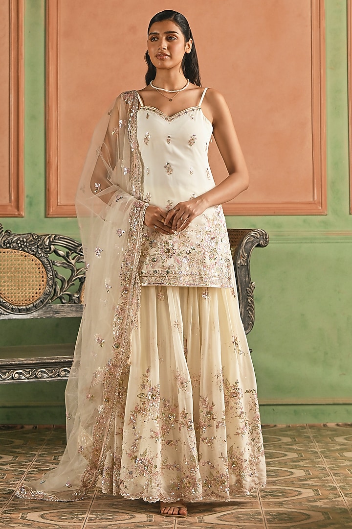 Off-White Georgette Sequins Embroidered Sharara Set by Lashkaraa at Pernia's Pop Up Shop