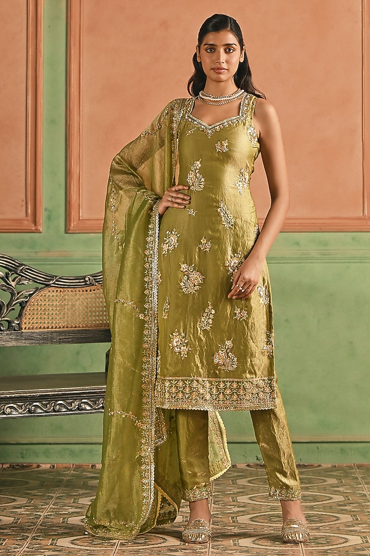 Dusty Green Satin Zari Embellished Kurta Set by Lashkaraa at Pernia's Pop Up Shop
