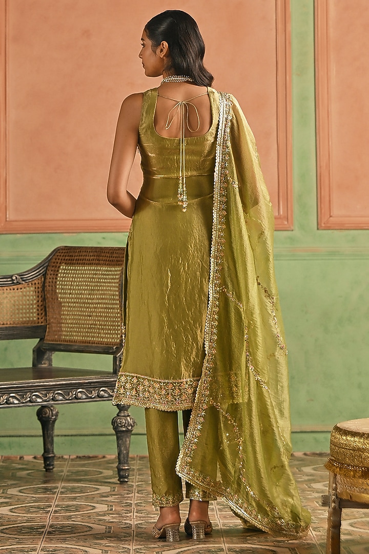 Dusty Green Satin Zari Embellished Kurta Set by Lashkaraa at Pernia's Pop Up Shop