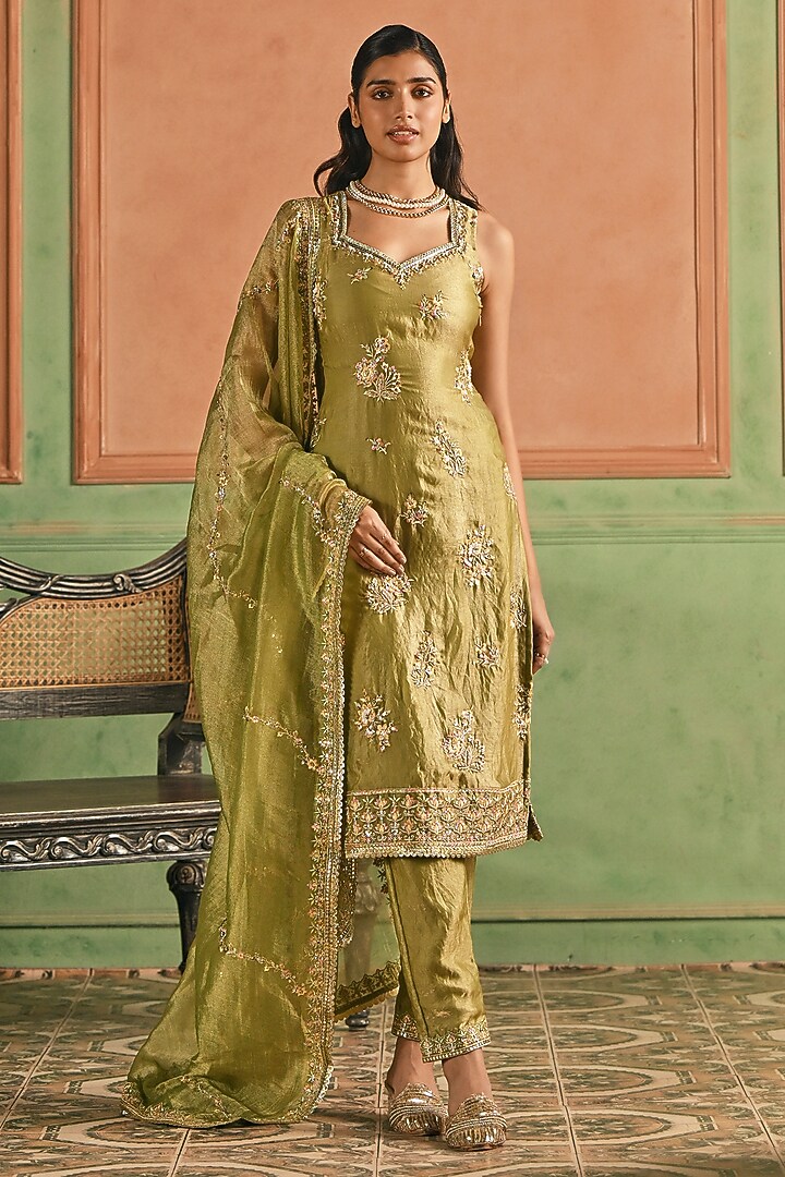 Dusty Green Satin Zari Embellished Kurta Set by Lashkaraa at Pernia's Pop Up Shop