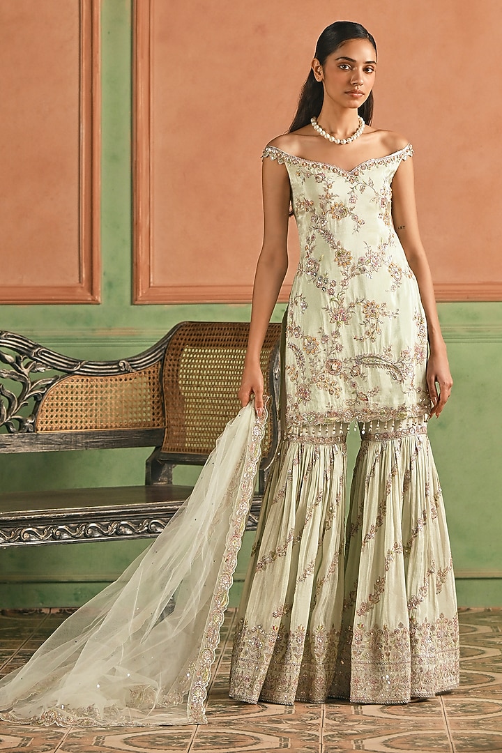 Mint Viscose Tissue Sequins Embroidered Gharara Set by Lashkaraa at Pernia's Pop Up Shop