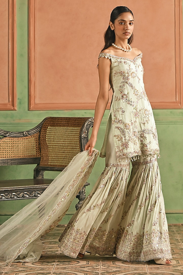 Mint Viscose Tissue Sequins Embroidered Gharara Set by Lashkaraa at Pernia's Pop Up Shop