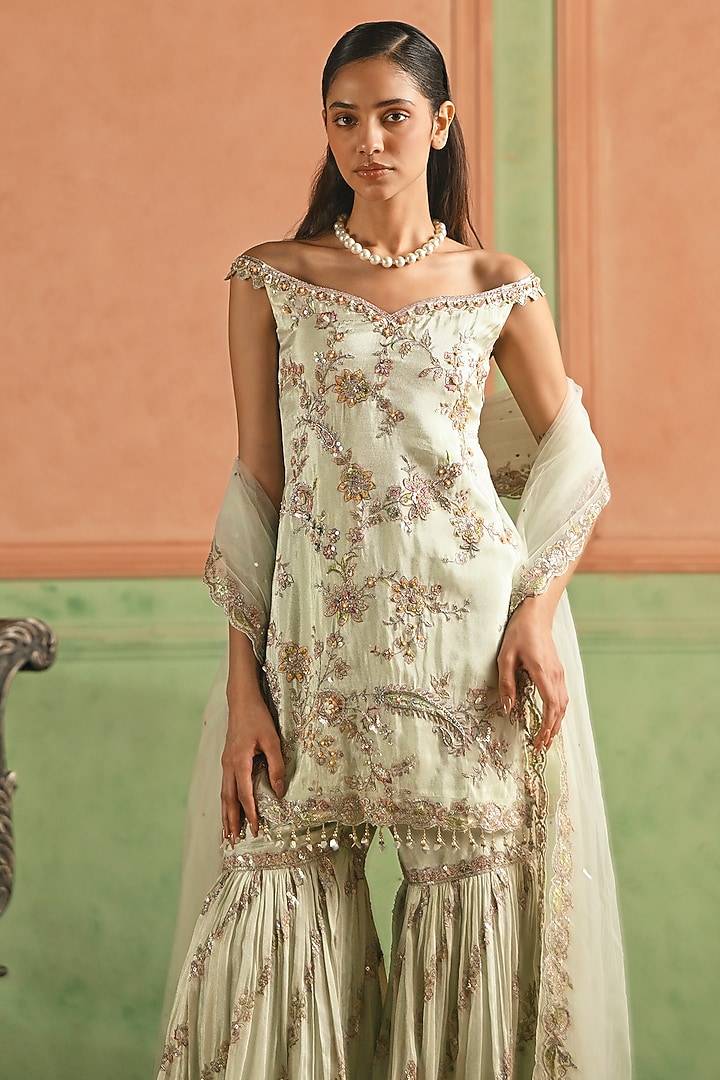 Mint Viscose Tissue Sequins Embroidered Gharara Set by Lashkaraa at Pernia's Pop Up Shop