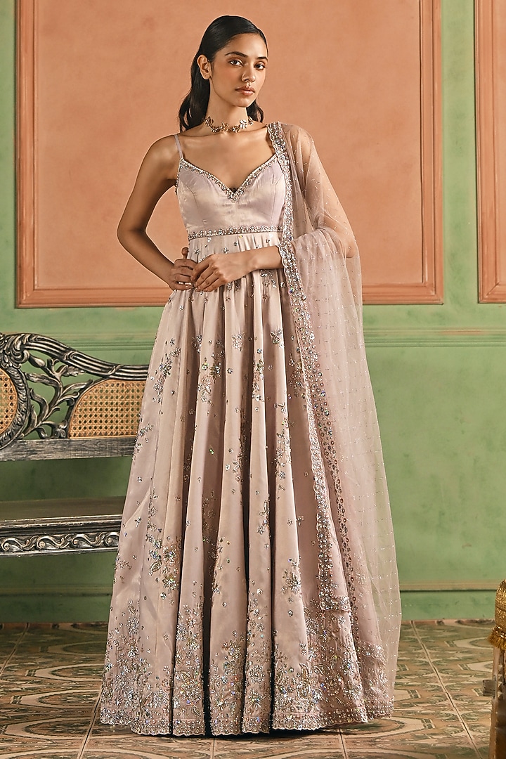 Dusty Mauve Tissue Zari Embroidered Party Wear Anarkali Set by Lashkaraa at Pernia's Pop Up Shop