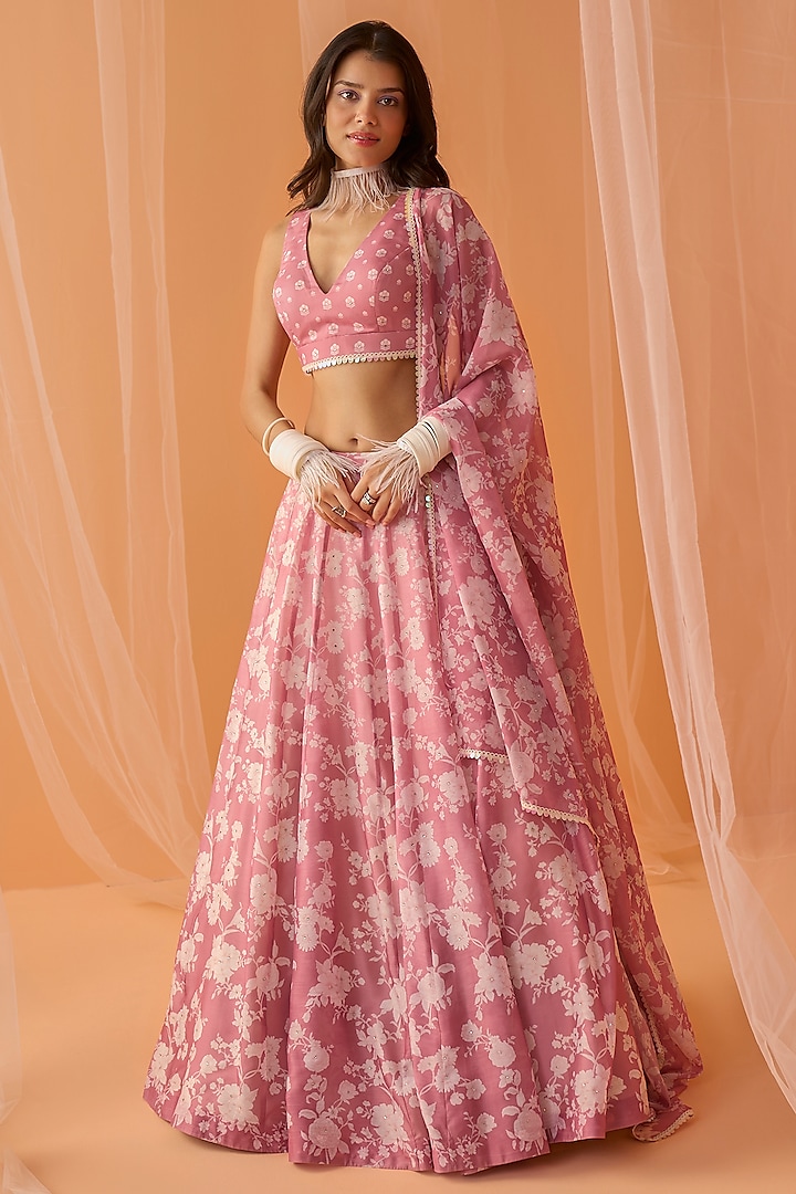 Pink Chanderi Floral Printed Lehenga Set by Lashkaraa